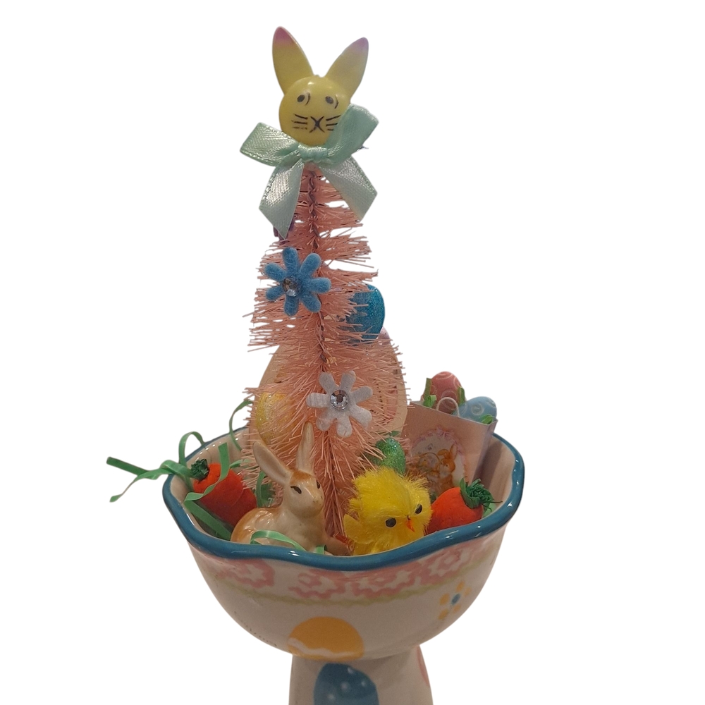 Easter Bunny Asseblage with Pink Bottle Brush Tree